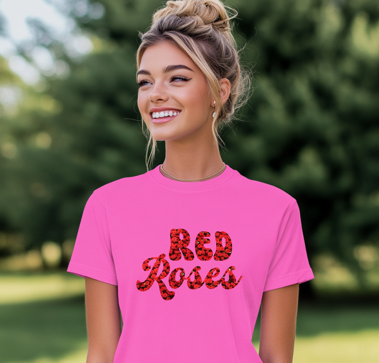 T-Shirt with Red Roses carving - Unique Floral Design Tee for Casual Wear