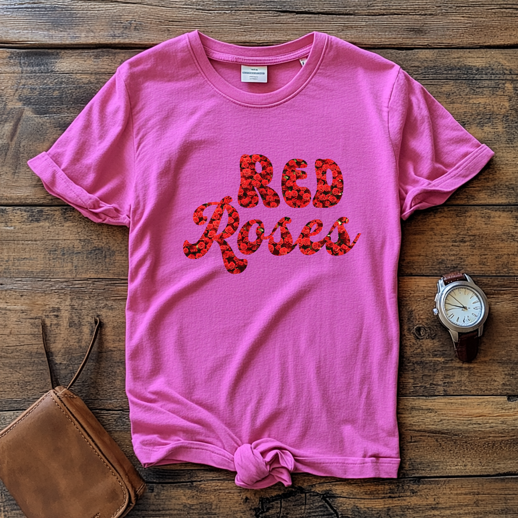 T-Shirt with Red Roses carving - Unique Floral Design Tee for Casual Wear