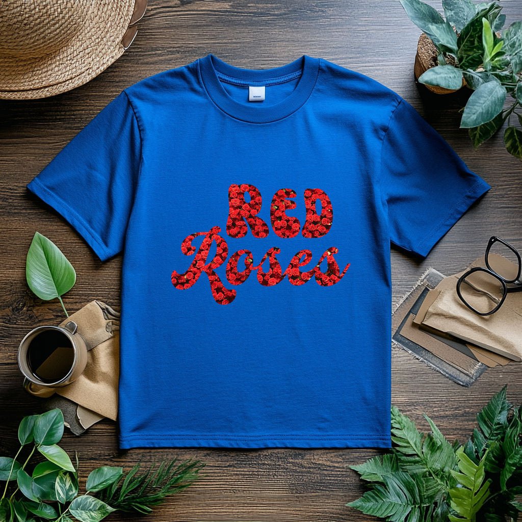 T-Shirt with Red Roses carving - Unique Floral Design Tee for Casual Wear