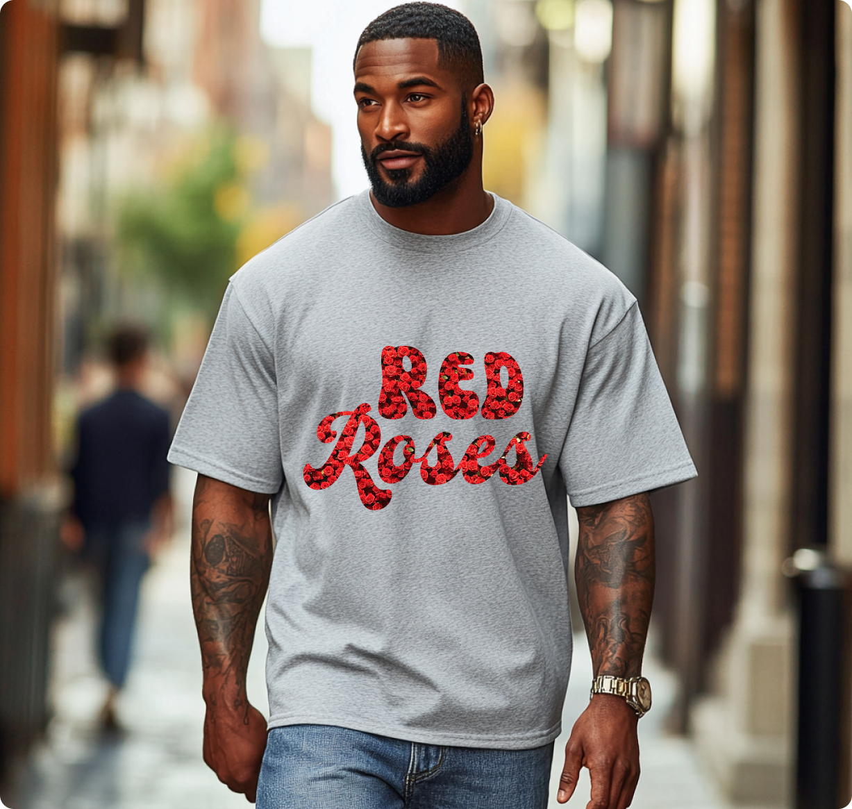 T-Shirt with Red Roses carving - Unique Floral Design Tee for Casual Wear