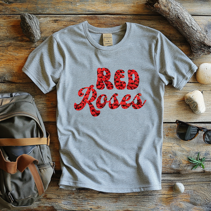 T-Shirt with Red Roses carving - Unique Floral Design Tee for Casual Wear