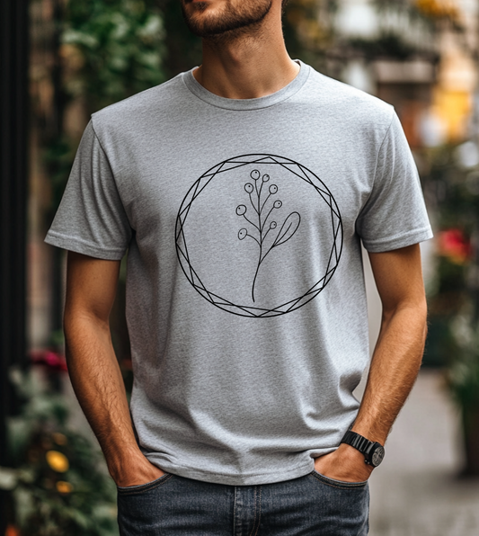 Minimalist Botanical T-Shirt, Geometric Circle Plant Design, Nature Inspired Casual Tee, Unisex Cotton Shirt