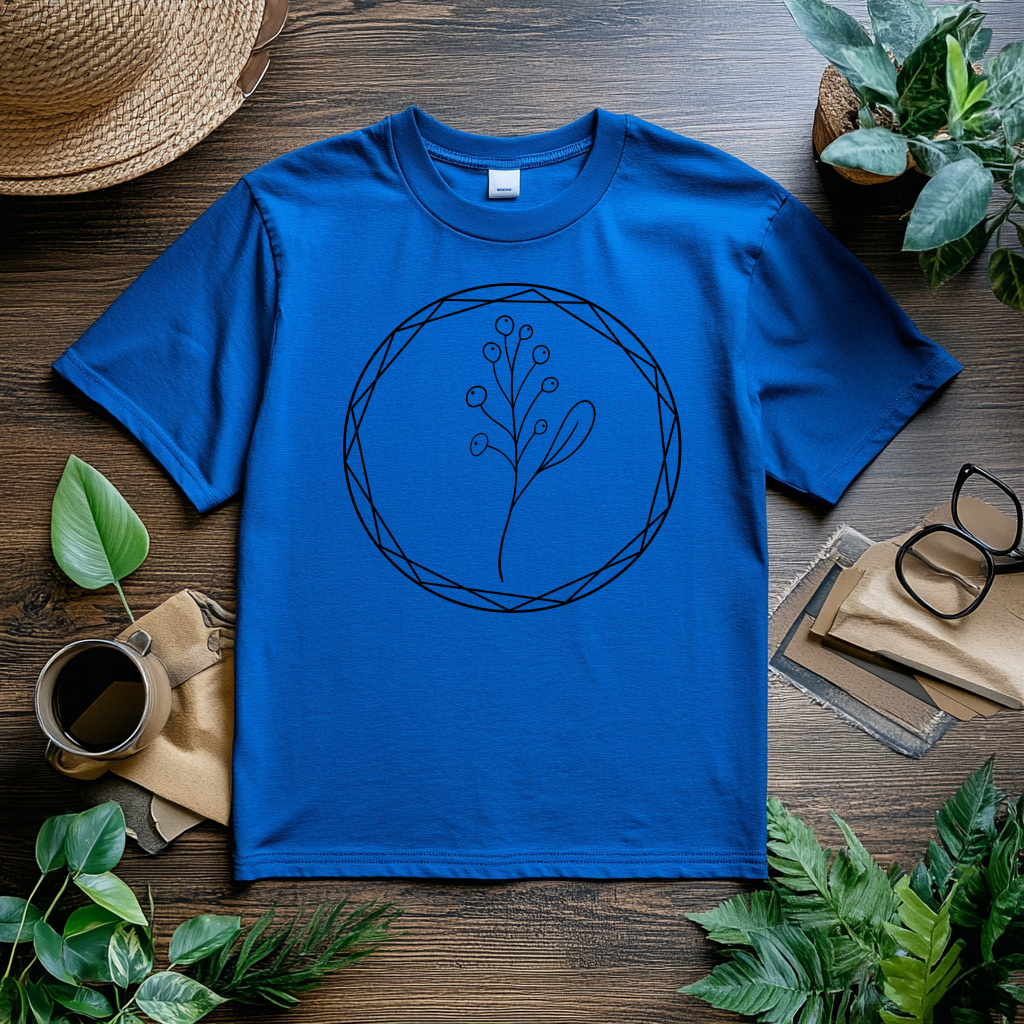 Minimalist Botanical T-Shirt, Geometric Circle Plant Design, Nature Inspired Casual Tee, Unisex Cotton Shirt